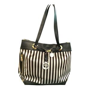 Henri Bendel Black Light Gray Stripe Nylon Leather Tote Shoulder Bag Classic
